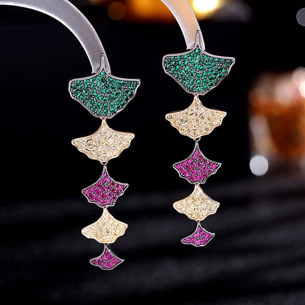 

micro pave colorful zirconia leaf dangle for women brand designer luxury wedding temperament ginkgo biloba earrings, Silver
