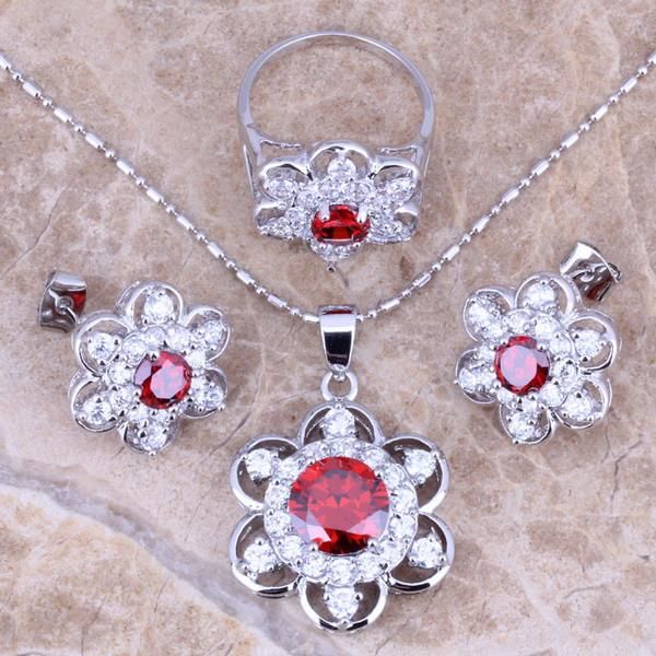 

earrings & necklace enchanting red garnet white cz silver plated jewelry sets pendant ring size 6 / 7 8 9 10 s0168