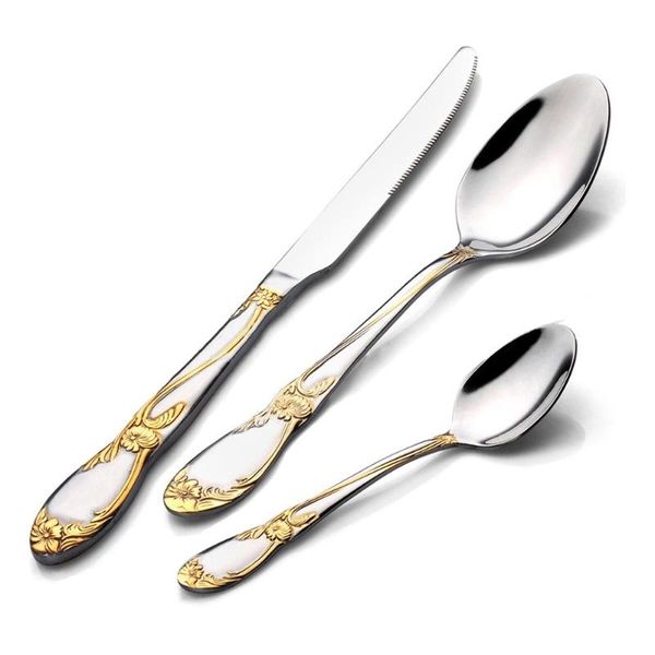 

gold cutlery set fork knive spoon dinner stainless steel luxury golden dinnerware eco-firnedly tableware sets