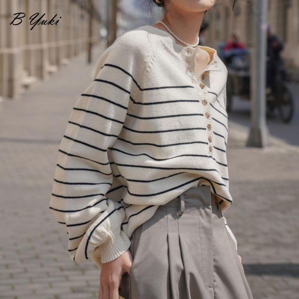 

women's sweaters blessyuk loose stripe oversized knitted women retro all-match single breasted o-neck pullovers female casual basic, White;black