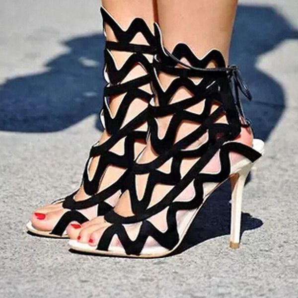 

sandals peep toe cut-outs lace up woman high heel gladiator sandal shoes, Black