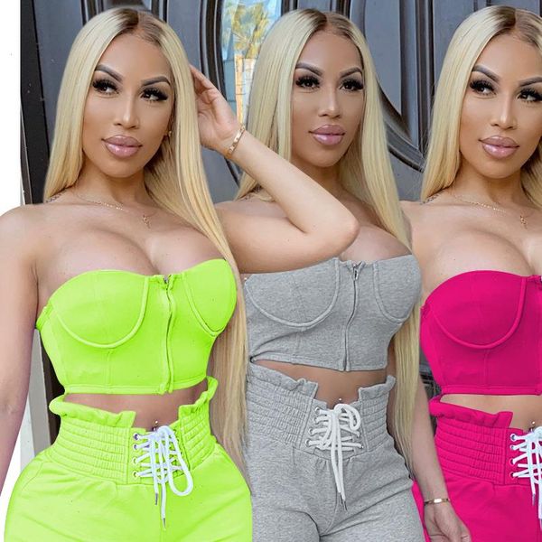

women tracksuits solid two piece set strapless zipper crop high waist trousers sets streetwear, Gray