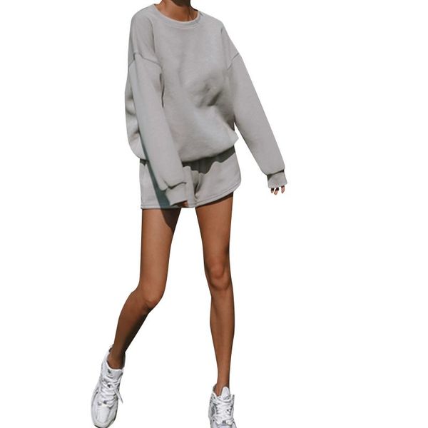 

women's tracksuits women two-piece clothes set solid color round collar long sleeve and elastic waist shorts khaki/ pale yellow/ grey, Gray