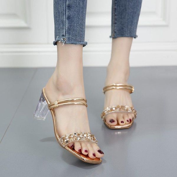 

slippers transparent heel women crystal pvc open toe thick shoes summer sweet high slides silver golden, Black