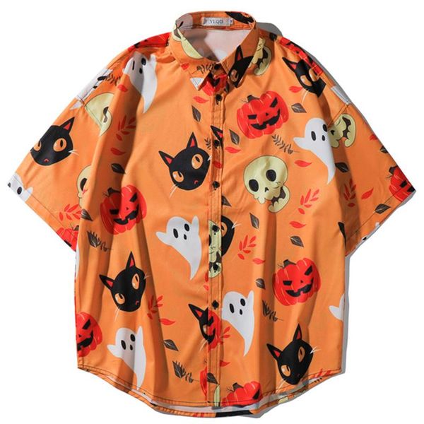 

men's casual shirts hip hop hawaiian men halloween pumpkin printed summer streetwear short sleeve vintage beach oversize fashion women, White;black