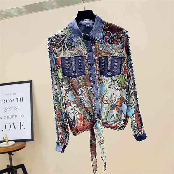 

spring autumn women's shirt hollow denim stitching printed blouse korean style loose long-sleeved chiffon female gx306 210507, White