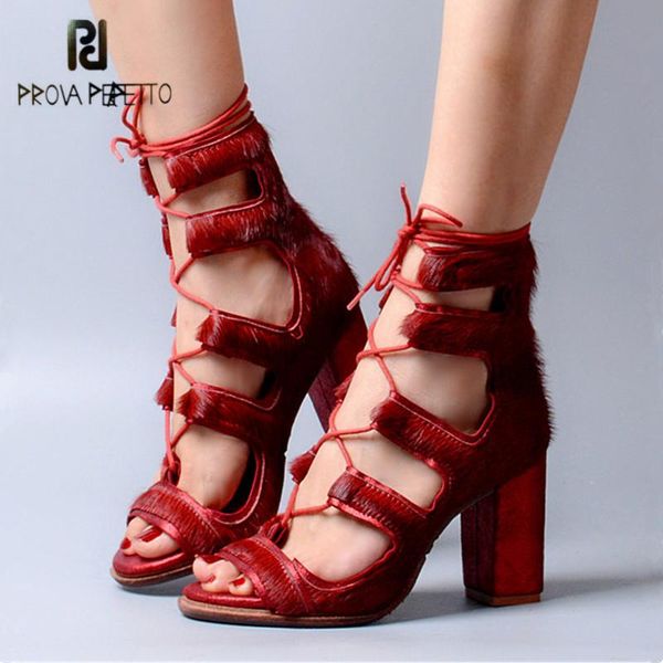 

prova perfetto fashion horsehair lace up peep toe women sandals chunky high heels hollow out gladiator sandal pumps, Black