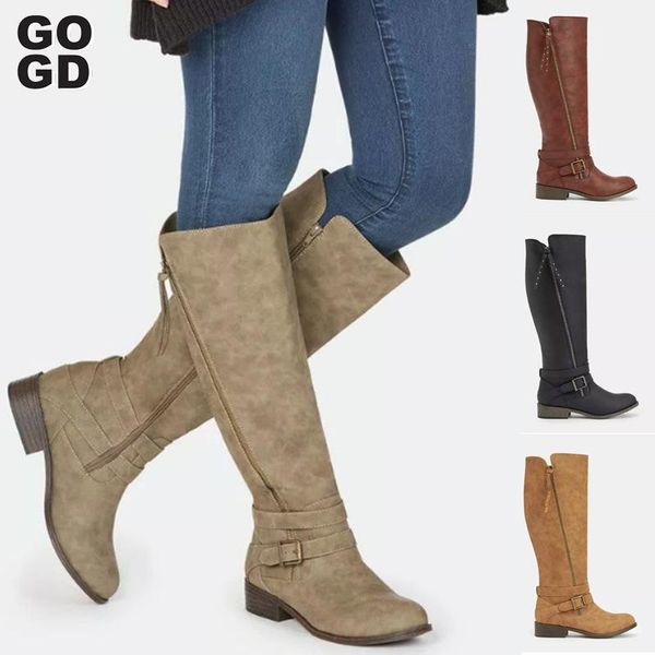 

boots [gogd ]british wind 2021 autumn and winter women's motorcycle belt buckle high with side zipper rubber shoes big size, Black