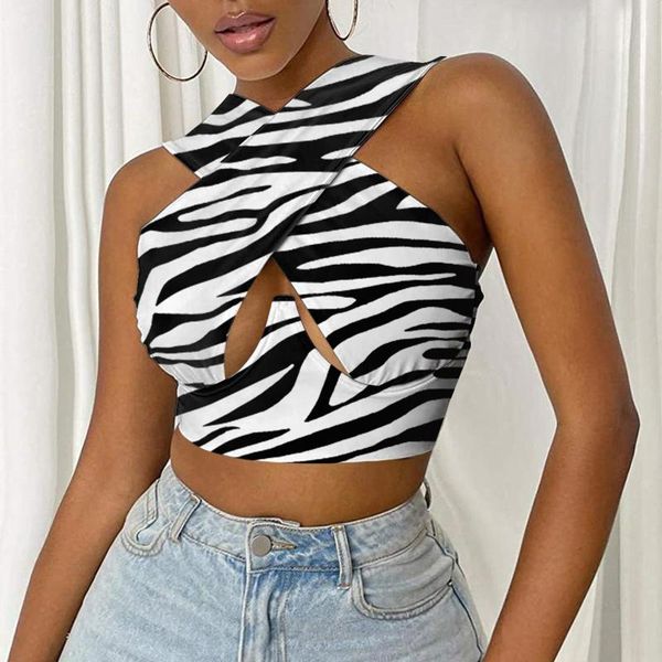 

women's tanks & camis summer crop for women fashion zebra sunflower printed bralette criss cross cut out halter backless aesthetic, White