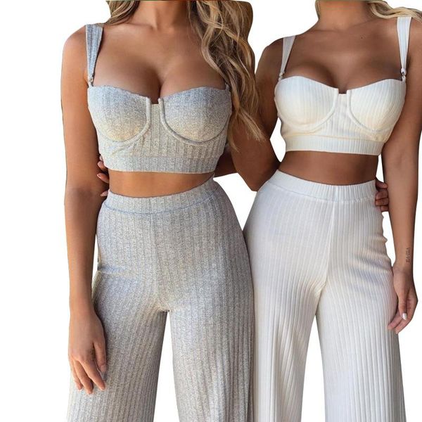 

knitted white two piece set women tracksuit sleeveless strapless crop and pants 2 sets womens outfits dress