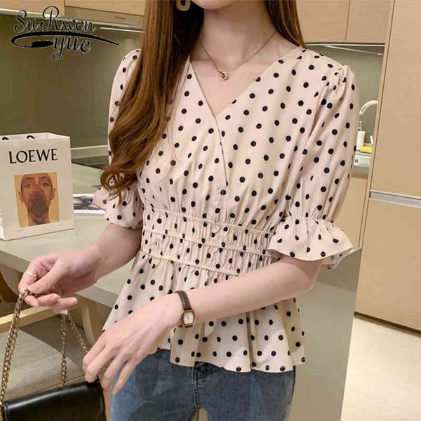 

korean vintage v-neck polka dot short sleeve chiffon blouse women elegant slim waist ruffles female blusas 8970 50 210521, White