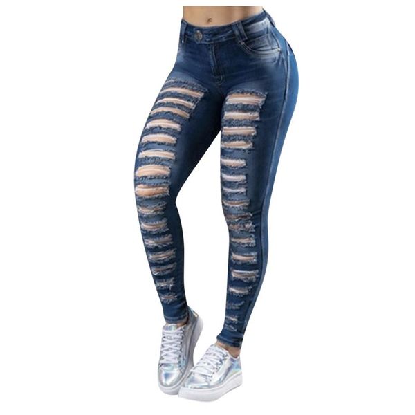

women's jeans women 2021 fashion high waist stretch ripped hole female length pencil pants skinny jean trousers streetwear#fs, Blue