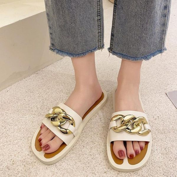 

slippers fashion women shoes woman metal slides flat with sandals for ladies outdoor flip flops, Black