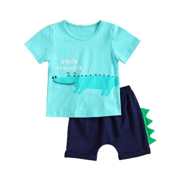 

toddler kids baby boys 2-piece summer casual outfit set short sleeve round neck cartoon crocodile print shorts clothing sets, White