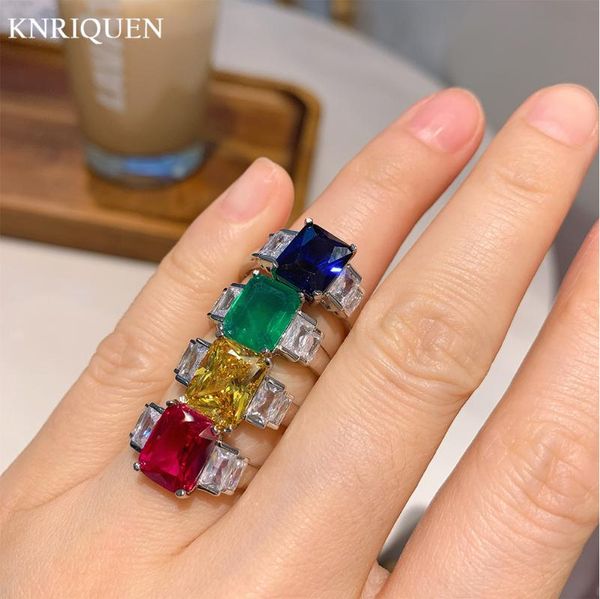

cluster rings vintage 925 sterling silver 8*10mm emerald sapphire z ruby for girlfriend charms lab diamond wedding party jewelry, Golden;silver
