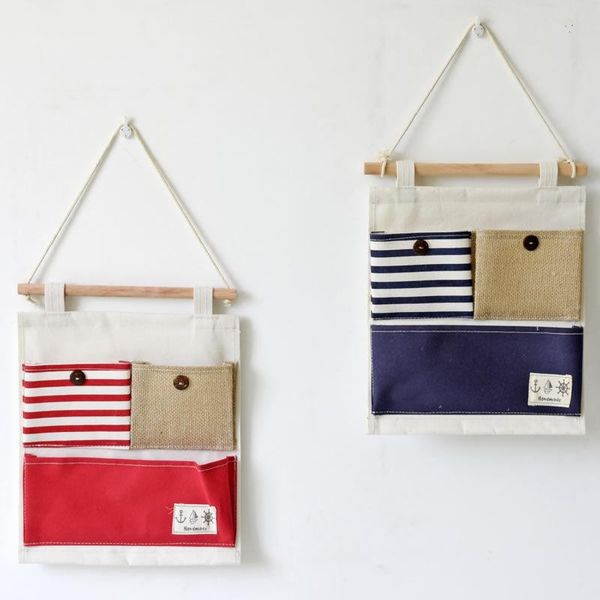 

cotton and linen plain striped splicing storage bag multi-function 3 pockets hanging bag/wall bags