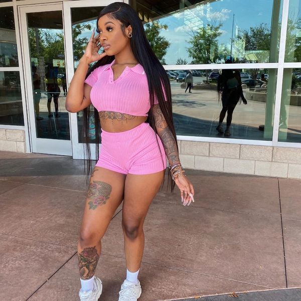 

summer sunken stripe solid short sleeve turn down collar blouses and biker shorts bodycon womens two-piece suitby air, Black;white