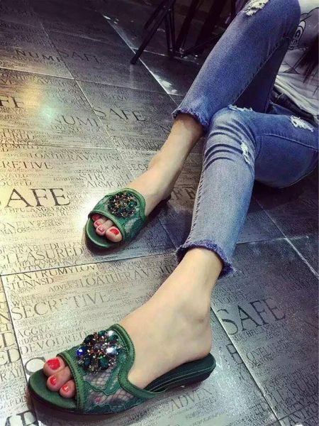 

summer slip on shoes for women silk flats slippers crystal flip flops balck green mules flower peep toe beach sandals, Black