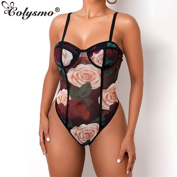 

colysmo corset mesh bodysuit women see through rose print sleeveless button up spaghetti strap slim fit romper 210527, Black;white