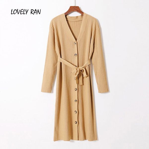 

casual dresses knitted single breasted women's long dress v-neck belt sleeve female spring winter lady elegant vestidos 3e2c, Black;gray