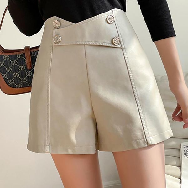 

women's shorts fashion double breasted high waist leather womens autumn winter a-line wide leg black pu female casualshorts, White;black
