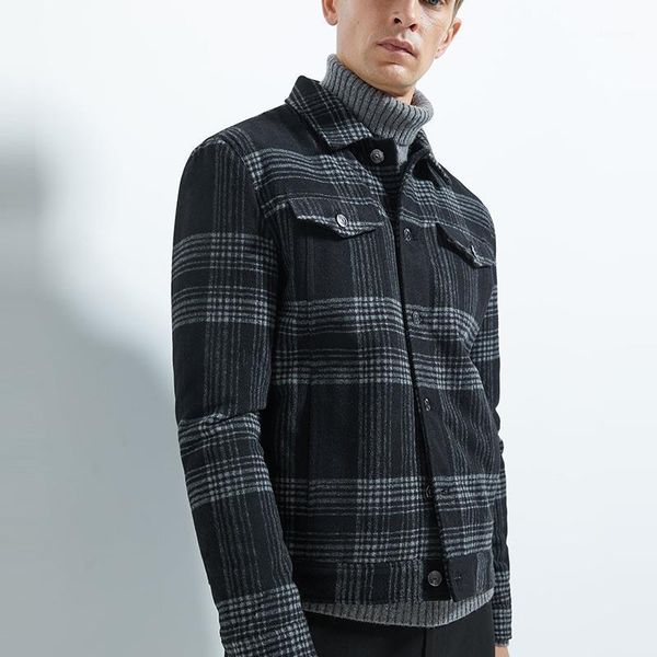 

men's casual shirts 2021 autumn and winter fashion wool blended plaid jacket slim print short lapel single-breasted, White;black
