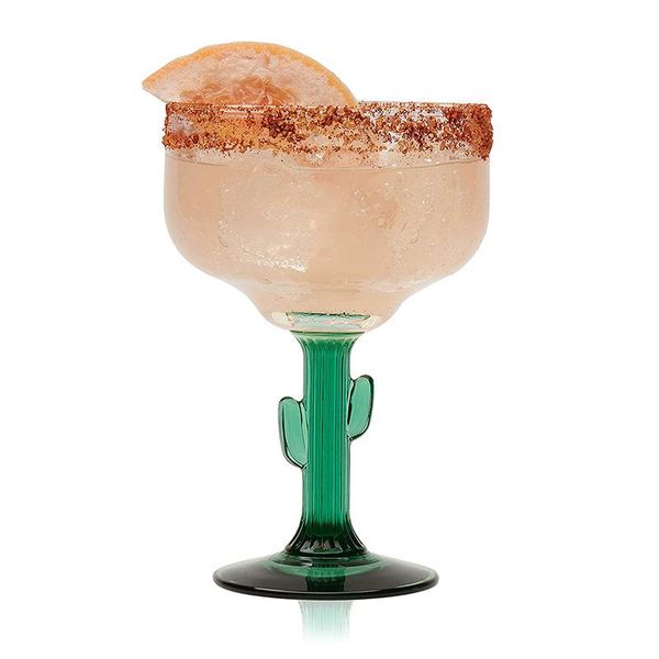 

mexican glass margarita saguaro cactus green rim hand blown set of 2 wine glasses