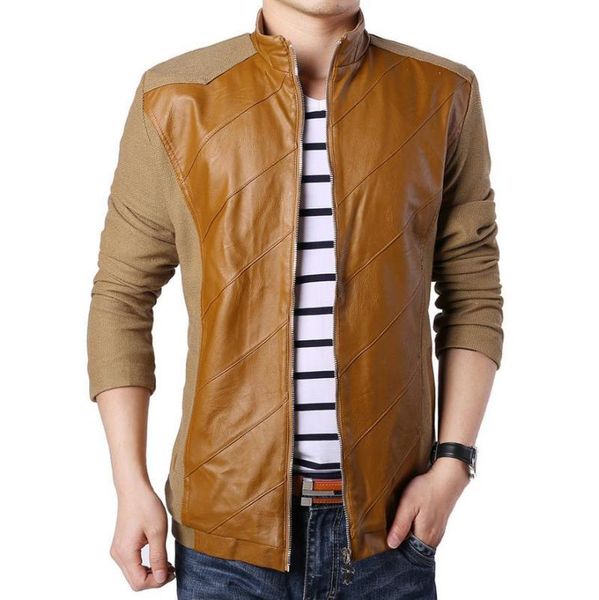 

men's jackets nice fashion men jacket stitching pu coat collar slim, Black;brown