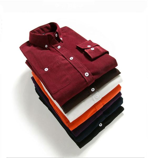 

men's dress shirts 2021 single breasted corduroy men's shirt business casual fashion solid color men autumn slim, White;black