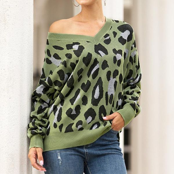 

autumn winter women v neck long sleeve leopard jacquard loose fashion sweater pullover knit women's sweaters, White;black