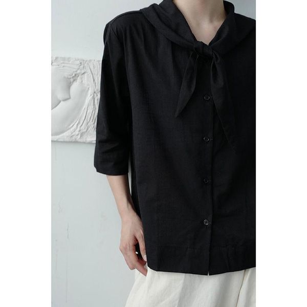 

/ men's wear knot collar half sleeve all-match black shirt korean style causal loose 2021 fashion 9y3229 casual shirts, White;black