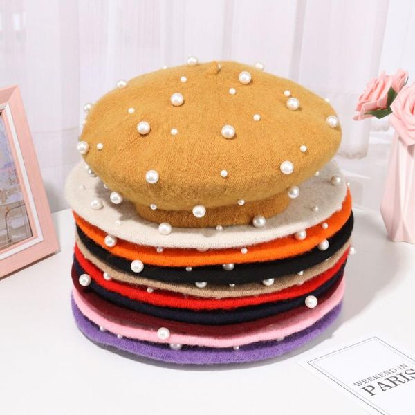

beanies women girl pearl beret hat winter warm wool french artist cap vintage plain elegant lady caps