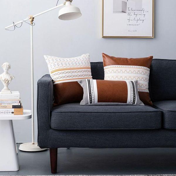 

cushion/decorative pillow cotton canvas+pu leather patchwork cushion covers seat waist pillowcase simple living room decor cover 45x45cm/30x