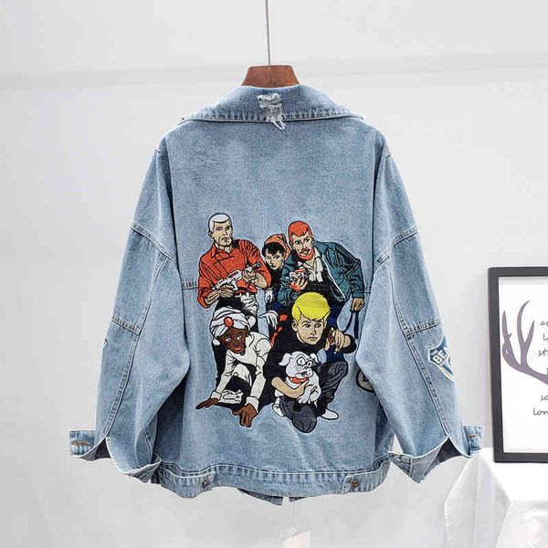 

[ewq] spring female turn down collar single breasted long-sleeved panelled print cartoon denim jacket cardigan coat 8y901 210423, Black;brown