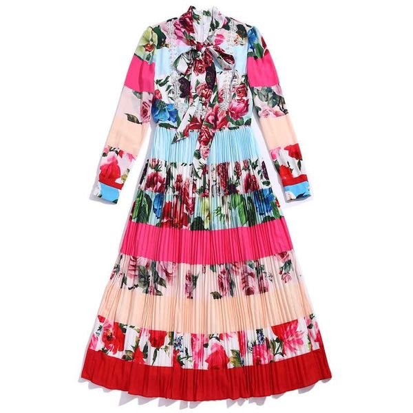 

casual dresses spring autumn women's dress with rose flower color printing runway elegant pleated mid-length sleeve fashion vestidos, Black;gray