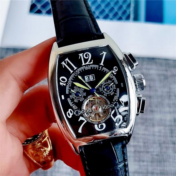 

7-men automatic mechanical watches tourbillon date monte luxury designer stainless steel dial leather strap watch sports business, Slivery;brown