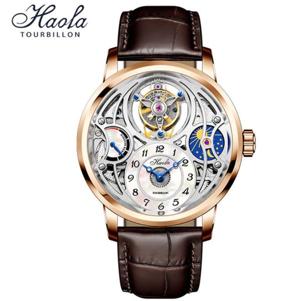Designer relógio relógios de pulso tourbillon relógio esqueleto para homens haofa pequenos números árabes escala dial fase da lua reserva de energia safira à prova d 'água xrq1