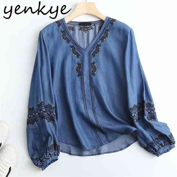 

floral embroidery denim shirt women lantern sleeve v neck vintage blue summer blouse mujer plus size casual 210514, White
