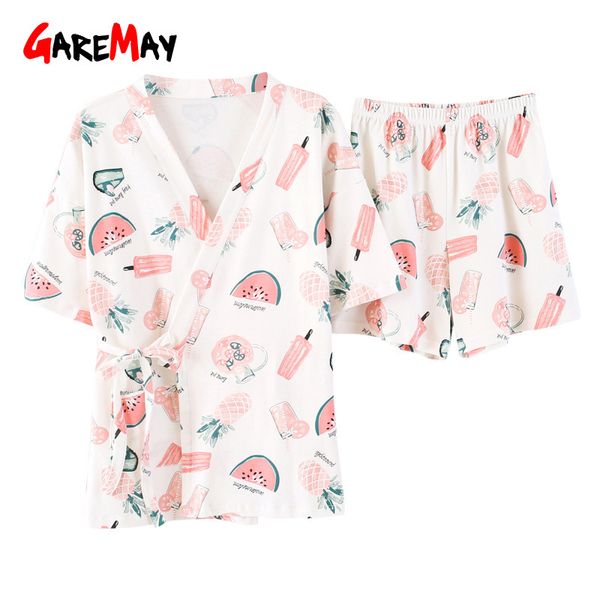 Casa terno branco pijama algodão para mulheres verão com impressão suave manga curta top cute calças femininas conjuntos sleepwear 210428