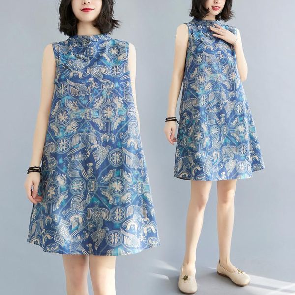 

7190# vintage chinese style print cotton maternity dress sleeveless tank clothes for pregnant women elegant pregnancy cheongsam dresses, White