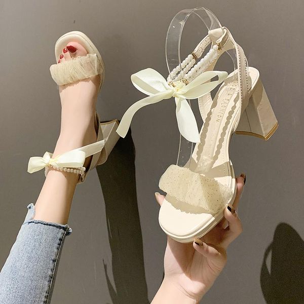 

sandals elegant pearl summer fairy style fashion square toe lace string bead party wedding high heels mid heel rome shoes, Black
