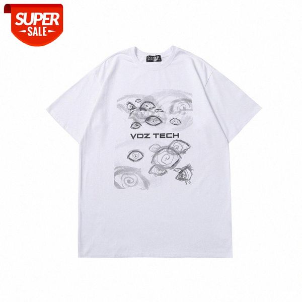 

sketch eyes print short-sleeved t-shirt men's street flow loose round neck five-point sleeve half #hs0s, White;black