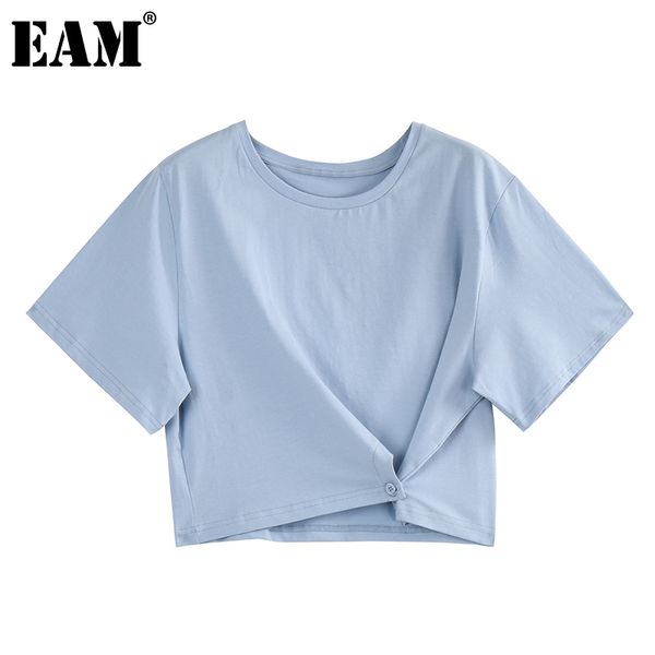 

[eam] women white asymmetrical button short casual t-shirt round neck short sleeve fashion spring summer 1dd7856 210512