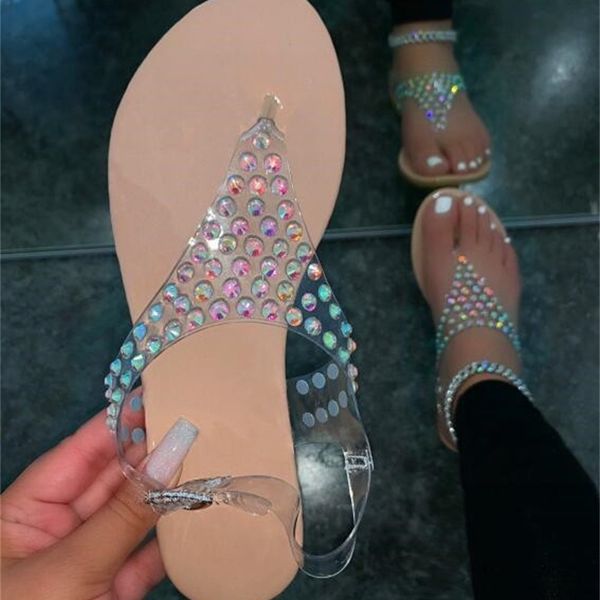 

official website 70% off outlet spring and summer new women flat non-slip transparent rhinestone outdoor beach sandals at home all-match sli, Black