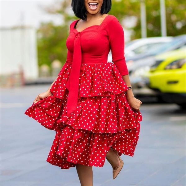 

long sleeves cake ruffles womens dress high waist elegant office party date out spring fashion elastic african female, Black;gray