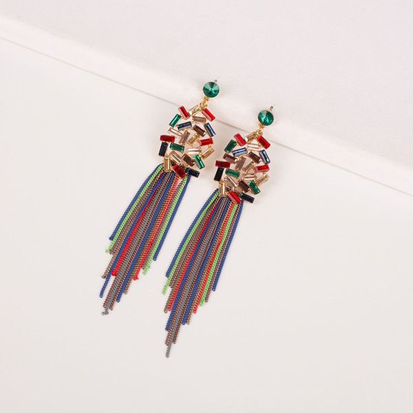 

2021 boho chain shinning crystal rhinestone geometric tassel long earrings for women fashion jewelry, Golden