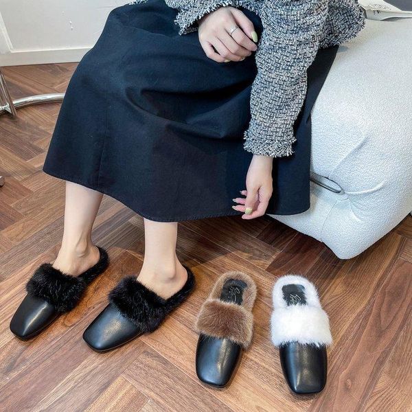 

slippers autumn winter retro square toe mules women warm plush fur metal thick heel slip on flip flops comfort furry hair slides, Black