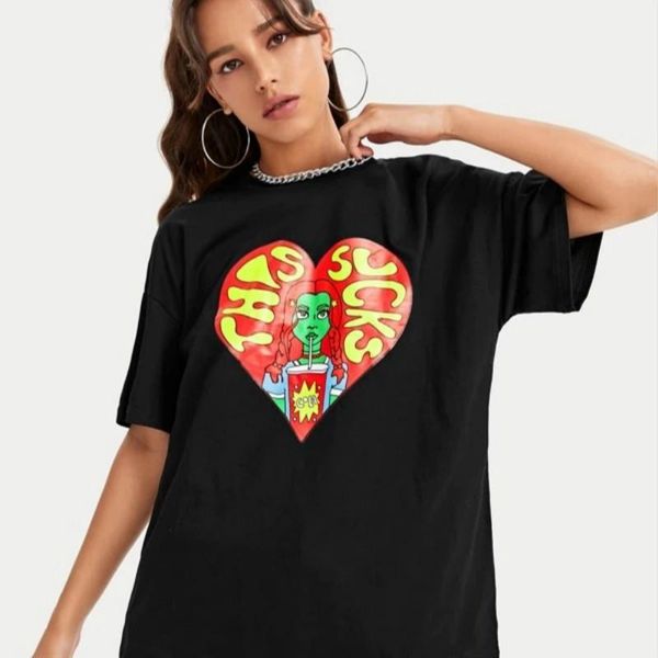 

women's t-shirt dreamchase-jf this sucks heart printed t shirt short sleeve cotton o-neck funny printing tee, White