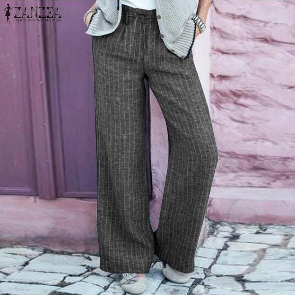 

women's pants & capris 2022 stylish casual striped wide leg trouser front zip long pantalon female palazzo plus size summer turnip, Black;white