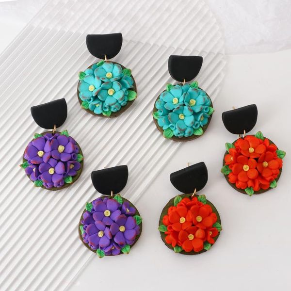 

dangle & chandelier handmade blue purple 3d flowers clay drop earrings for women round polymer unusual ethnic jewelry 2021, Silver